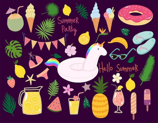 Vector verão conjunto com piscina flutua, cocktails, frutas tropicais, sorvetes, folhas de palmeira.