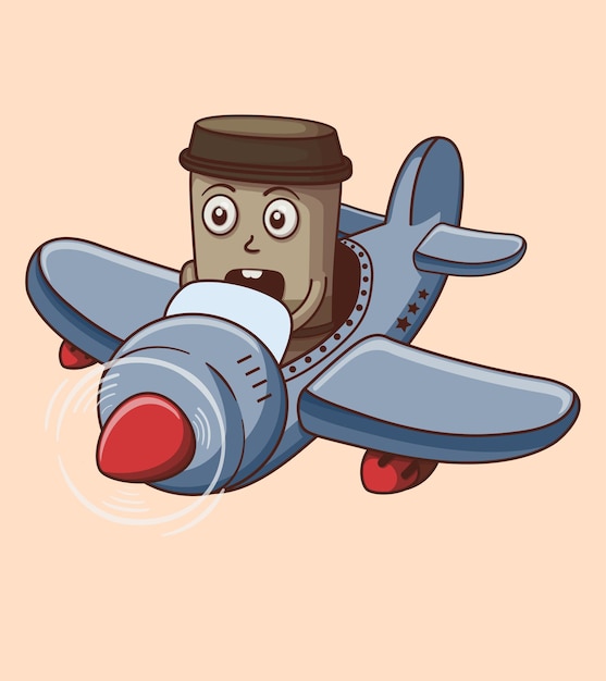 Vetor vector voar em um avião de guerra com ilustração de xícara de café de personagem fofo