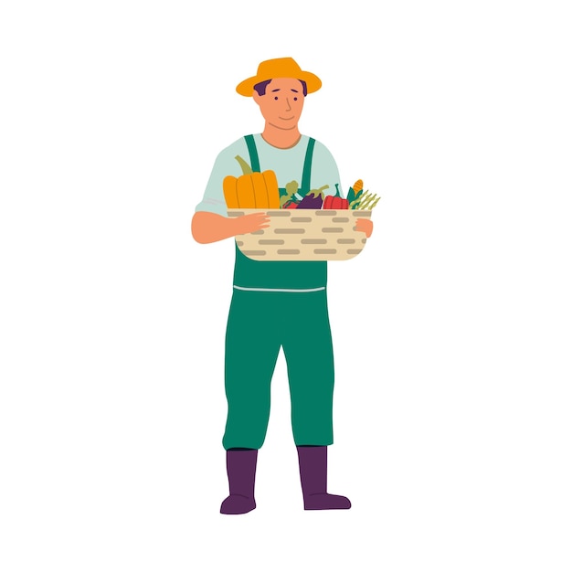 Veganos e alimentos orgânicos Cartoon vegetarianos com alimentos ecológicos naturais personagens com estilo de vida saudável Homem segurar caixa com frutas e legumes Produtos de jardim set plano de desenho animado vetor