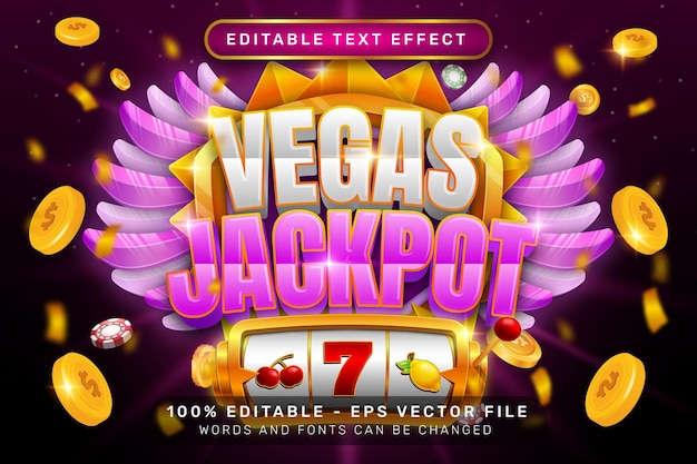 Vetor vegas jackpot efeito de texto 3d e efeito de texto editável com ilustração de máquina de caça-níqueis e luz