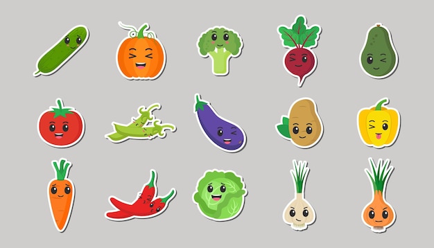 Vegetais de design plano Ilustrações vetoriais em fundo cinzento Etiquetas Ícones Emoji