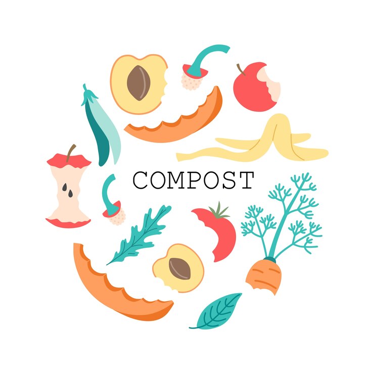 Vegetais e composto de frutas, núcleo de maçã de resíduos orgânicos, tomate, pimenta, casca de banana, cenoura e folha em um estilo de desenho animado plano.