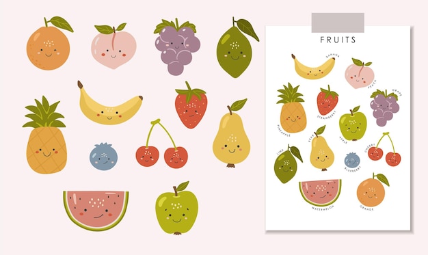 Vegetais e frutas bonitos Frutas educativas Ilustração material educacional crianças vetor