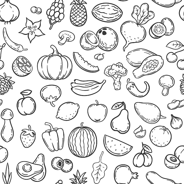 Vegetais e frutas. mão desenhada contorno frutas e vegetais ícones, estilo de vida vegan, alimentos orgânicos saudáveis, doodle padrão sem emenda de vetor. contorne ilustrações cítricas frescas de cenoura, kiwi e repolho