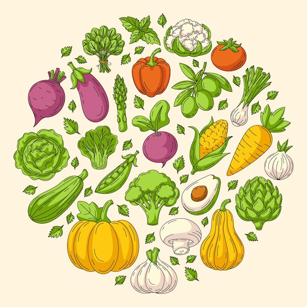 Vegetais frescos de fazenda forma redonda Veggies vetor ícones de linhas coloridas em fundo isolado