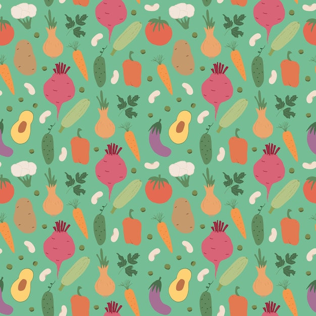 Vegetais padrão sem costura Vegetariano fundo de alimentos biológicos saudáveis Ilustração vetorial