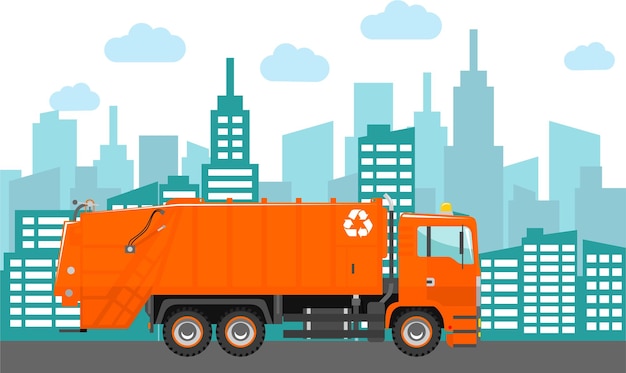 Veículo de caminhão de lixo laranja com símbolo de reciclagem em segundo plano na paisagem urbana moderna em estilo simples