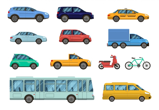 Veículo de transporte. Carros públicos, táxi, ônibus urbano e moto, bicicleta. Transporte público urbano de estrada, conjunto de coleta de vista lateral do carro