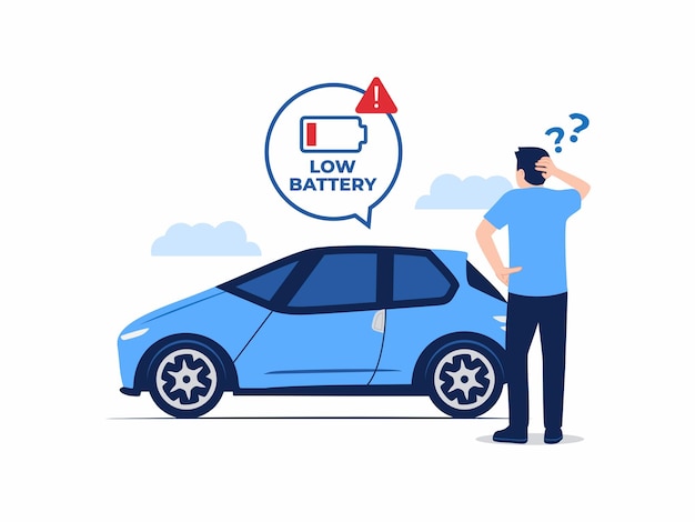 Vetor veículo elétrico ev baixa potência da bateria de carregamento exibição moderna confuso perplexo homem coçando a cabeça