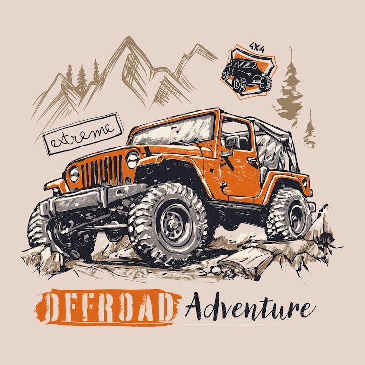 Vetor veículo off-road nas montanhas ilustração vetorial desenhada à mão