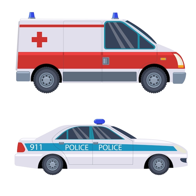 Veículos de resgate, ambulância e carro da polícia