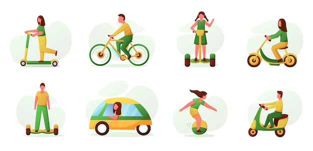 Vetor veículos ecológicos carro elétrico motocicleta e bicicleta ícones de bateria potência de transporte pessoas em scooters pessoas dirigem hoverboards automóveis ecológicos conjunto ilustração vetorial