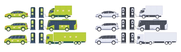 Vetor veículos elétricos carga de frotas elétricas e a gasolina no estacionamento com carregadores e postos de gasolina