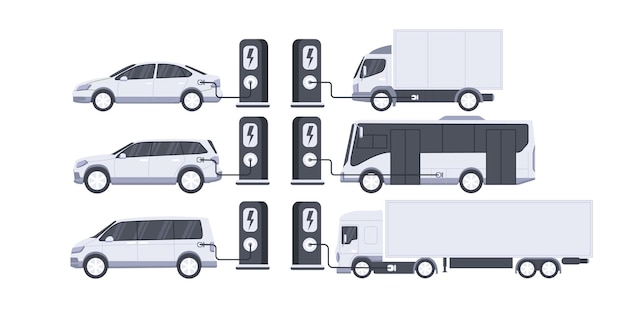 Vetor veículos elétricos frota de carros elétricos carregando em estacionamento com estações de carregamento