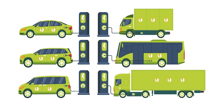 Vetor veículos elétricos frota de carros elétricos carregando em estacionamento com estações de carregamento