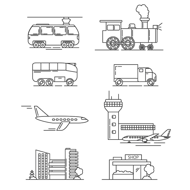 Veículos locomotiva a vapor, caminhão, bonde, avião e aeroporto, loja da cidade.