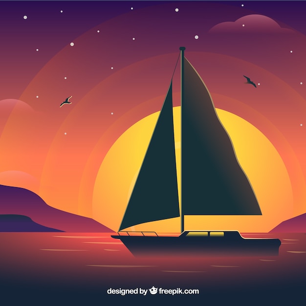 Vetor vela, bote, pôr do sol, fundo