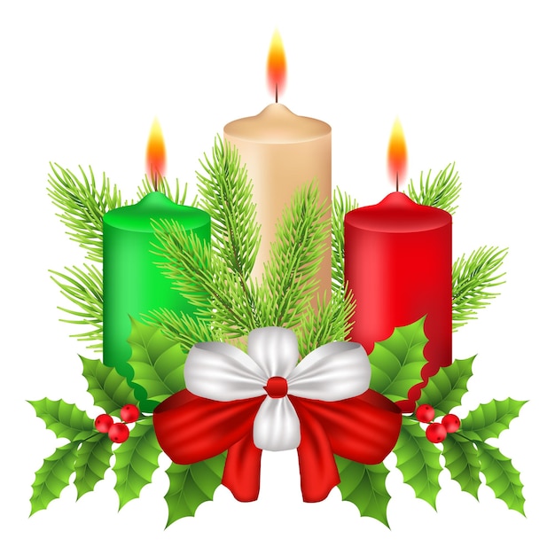 Vela de natal com ramo de pinheiro e holly berry clipart vetor