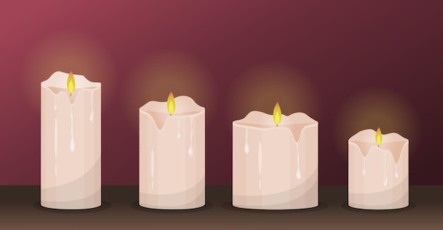 Vetor velas ardentes vetoriais com velas planas de cera pingando ou fluindo com chama dourada acesa e derretida