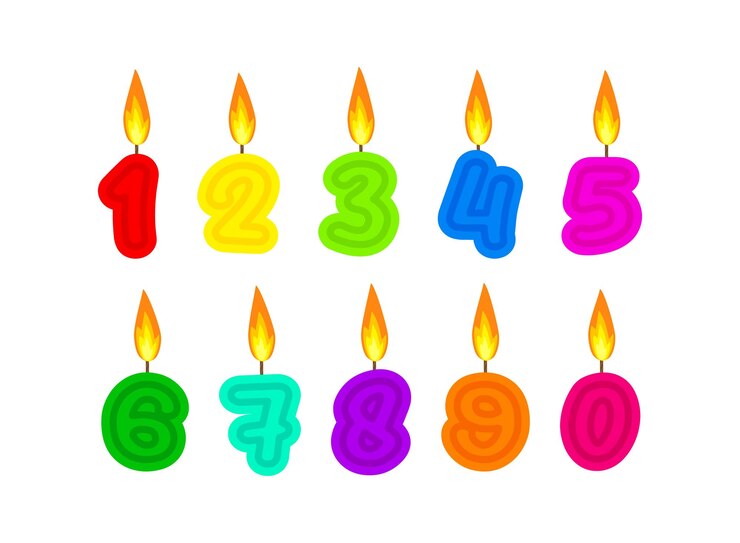 Velas de bolo de celebração queimando números de aniversário de luzes e vela de festa Velas de aniversário de cores diferentes com chamas acesas Números dos desenhos animados Ilustração em vetor