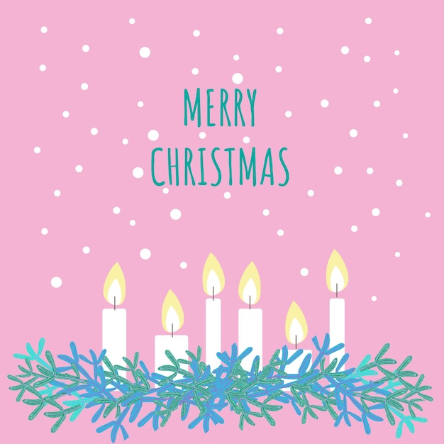 Velas de cartão de natal e decorações de abeto está nevando ilustração de feliz natal