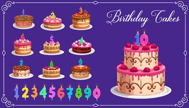 Velas em bolos de aniversário com números de idade de um a dez ícones isolados. Celebração de festa de criança feliz aniversário. Cupcakes e velas coloridas com luz de fogo, velas de aniversário