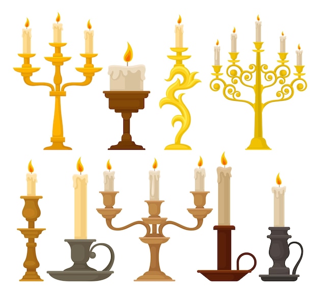 Vetor velas em candeis vintage e candeis vetoriais ilustração isolada em fundo branco