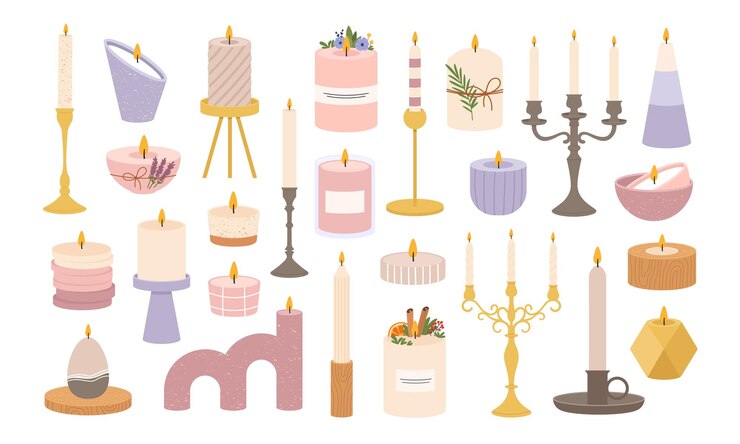 Vetor velas em castiçais. castiçal de candelabros antigos vintage. vela decorativa acesa no suporte. conjunto de vetores de chamas à luz de velas. ilustração de candelabros e castiçais, suportes e aromas à luz de velas