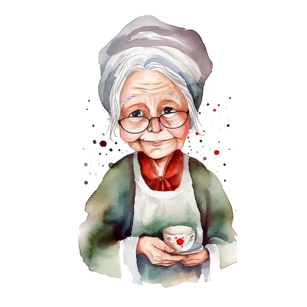 Vetor velha avó bebendo café tinta aquarela