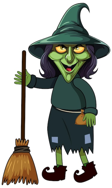 Velha bruxa segurando um personagem de desenho animado de cabo de vassoura