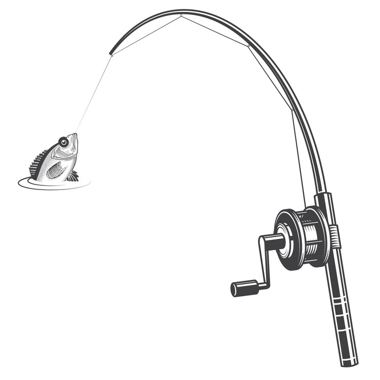 Vetor velha vara de pesca com bobina girando e mordendo peixe pescador vetor