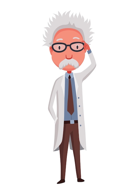 Velho cientista engraçado personagem de bigode usando óculos e jaleco descoberta na ciência ilustração vetorial no estilo cartoon
