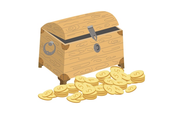 Velho cofre de tesouro de pirata vazio e aberto de madeira Moedas de ouro Ilustração colorida em fundo isolado