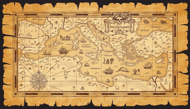Vetor velho mapa vintage antigo do mar mediterrâneo
