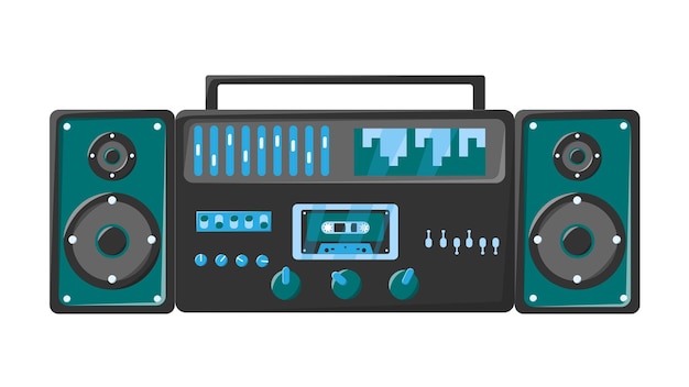 Vetor velho retrô verde vintage gravador de fita cassete de música com fita magnética em bobinas e alto-falantes dos anos 70 80 90 belo ícone ilustração vetorial