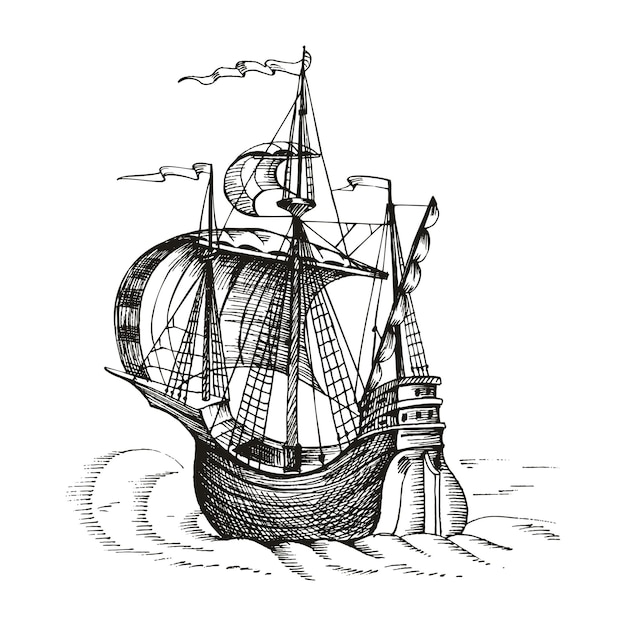 Velho veleiro vintage, caravela, desenho vetorial desenhado à mão