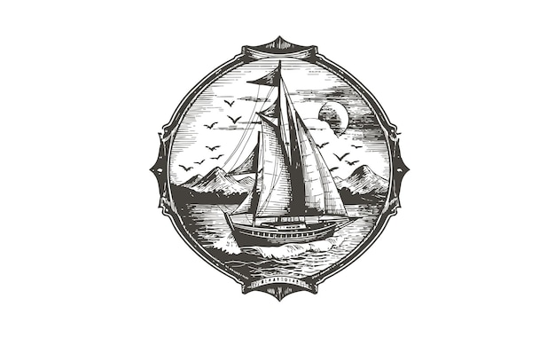 Velho veleiro vintage em preto e branco Um esboço desenhado à mão destacado em uma ilustração vetorial de fundo branco