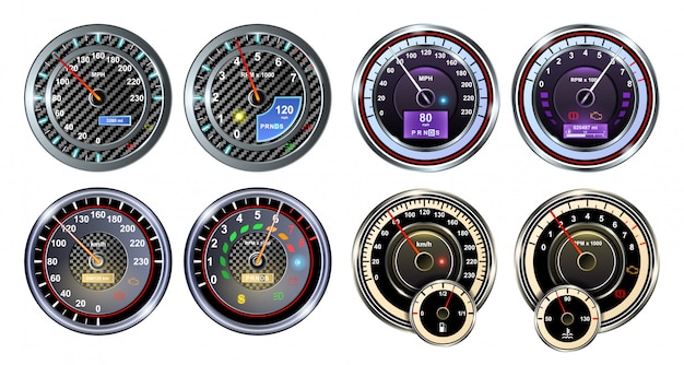 Velocidade do ícone conjunto realista de carro. velocímetro de conjunto realista isolado ícone. auto medidor de ilustração em fundo branco.