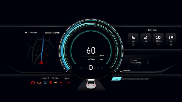 Velocímetro de veículo elétrico no painel do carro