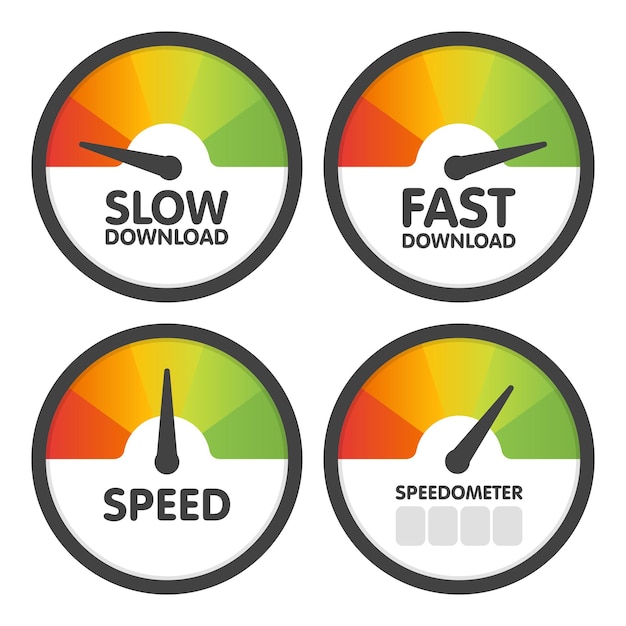 Vetor velocímetros redondos definidos com download de velocidade lenta e rápida. ilustração vetorial.