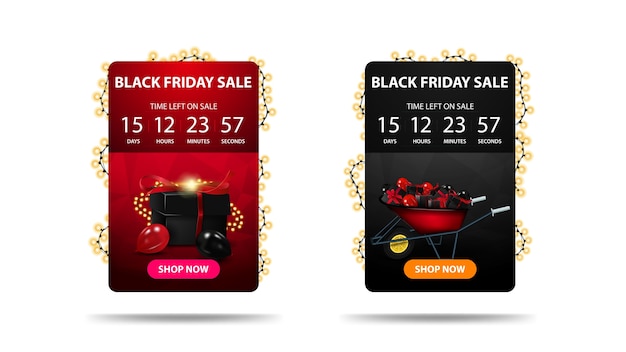 Venda da black friday, banner de desconto com cronômetro de contagem regressiva até o final da promoção, botão, ícone e guirlanda