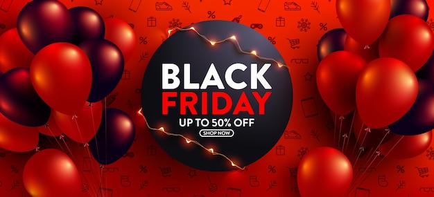 Vetor venda da black friday com 50% de desconto em pôster com balões vermelhos e pretos para varejo