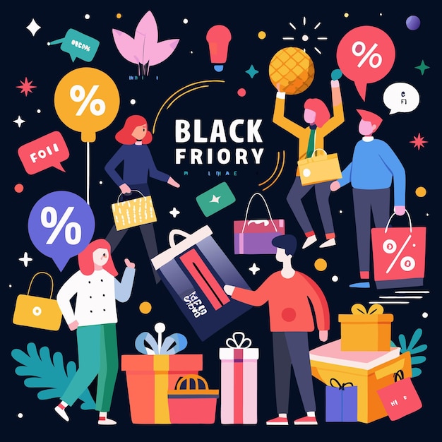 Venda da Sexta-feira Negra com pessoas segurando sacos de compras e sinais de desconto