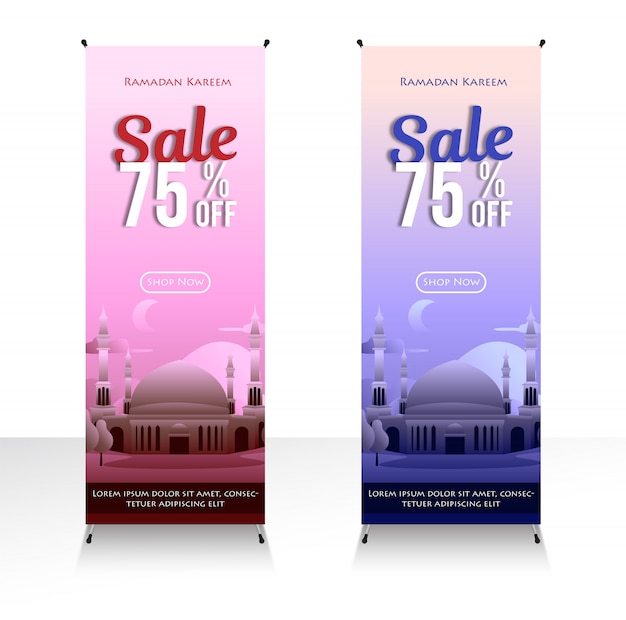 Venda de banner moderno fora com ilustrações de mesquita para o mês do ramadã