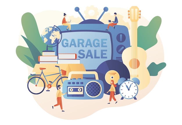 Venda de garagem online mercado de pulgas venda de quintal pequenos vendedores e clientes mercadorias vintage ou feira de trapos