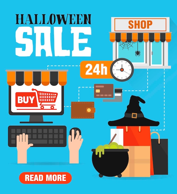 Venda de halloween design de conceito de compras on-line plano