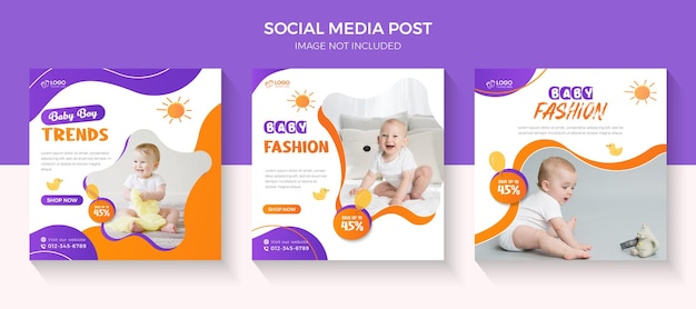 Venda de moda de bebê fofo e coleção de anúncios de mídia social de venda de moda infantil Banner de desconto de design