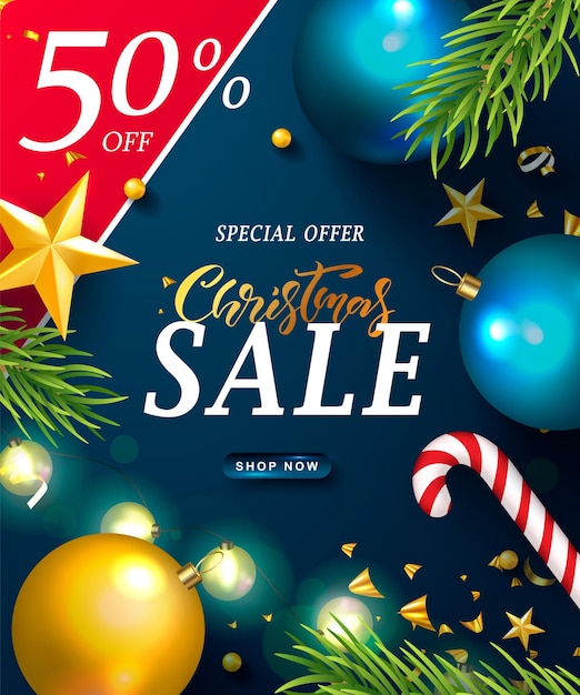 venda de Natal bandeira web fundo de férias com galhos de abeto realistas bolas de Natal candygarland e confeti dourado ilustração vetorial para cartazes de site cupons material promocional