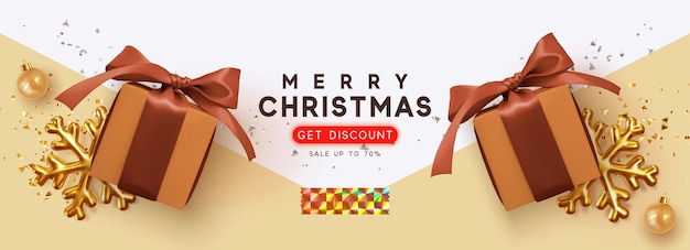 Vetor venda de natal, desconto até 70%. fundo de natal com caixas de presente marrons realistas, confete dourado, bolas de bugiganga. banner de ano novo modelo horizontal, cartaz, cartão de felicitações, cabeçalho para o site