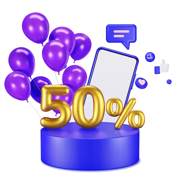 Vetor venda de promoção no pódio azul com maquete de smartphone de balão e ícones para compras online
